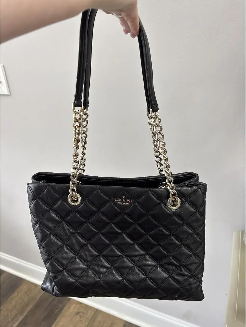 Kate Spade Black Quilted Leather Tote Bag with Chain Handles Purse Ladies
